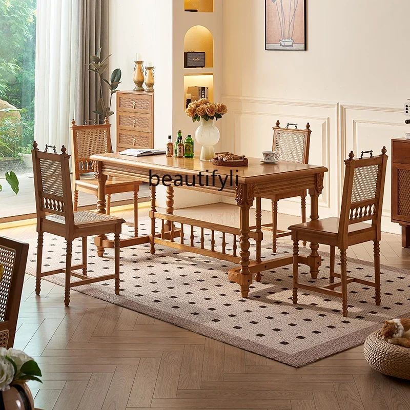 

French retro solid wood, American carved log dining table, modern, hotel square table