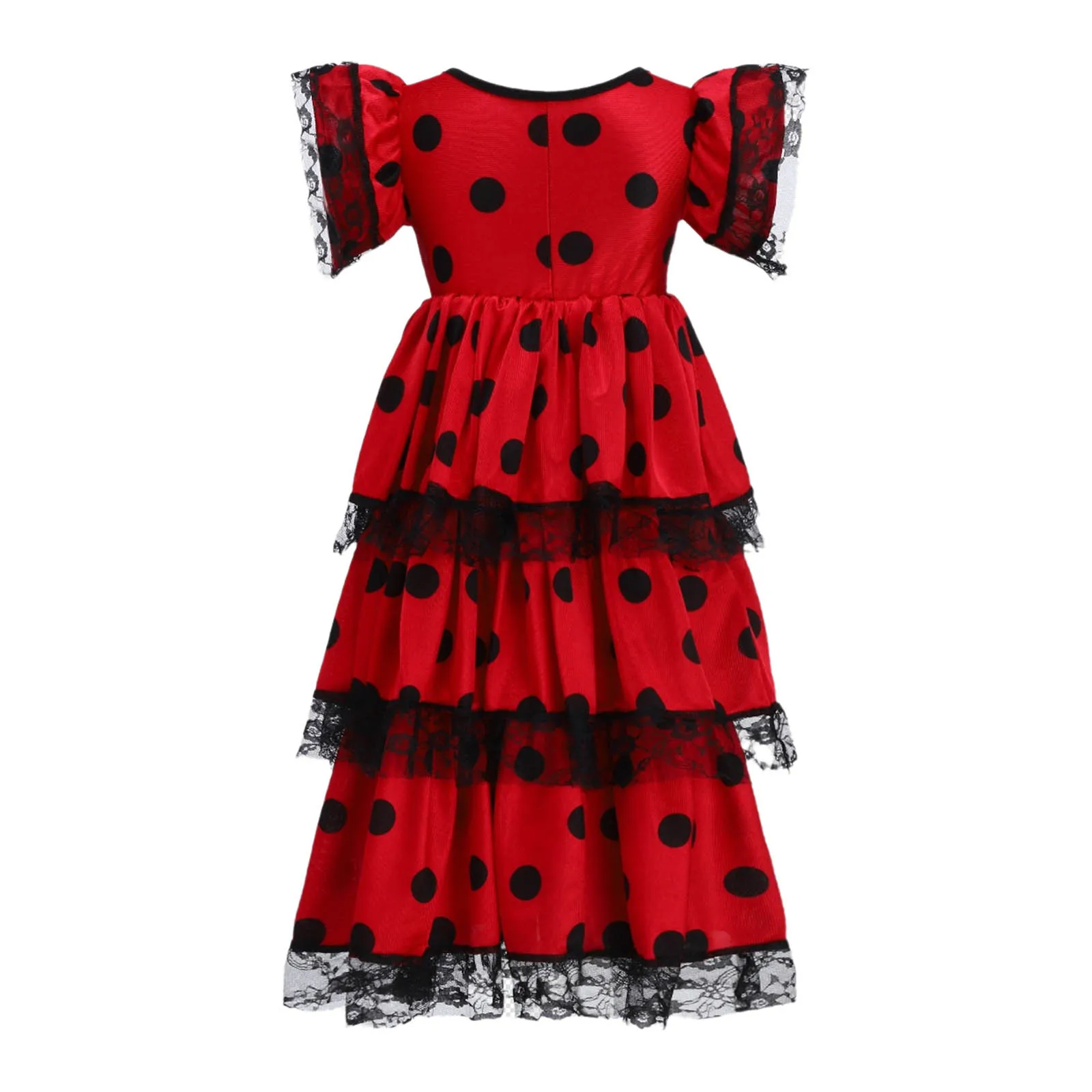 Costume de Flamenco pour enfants filles, ensemble de 3 pièces, robe de danse en dentelle Patchwork avec cravate à la taille détachable et éventail, vêtements de danse latine lyrique