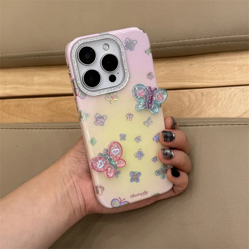 

Korean Cute Laser Little Butterfly Phone Case For iPhone 17 Pro 16 15 14 Pro Max Back Cover Protective Cases Lovely Shockproof F