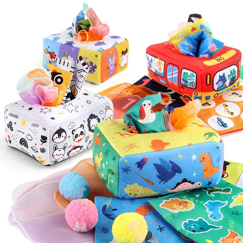 Realistic Tissue Box Sensory Soothing Pull Toy Chew Resistant Crinkle Cloth Book Enlightenment Interactive Growth Companion Play