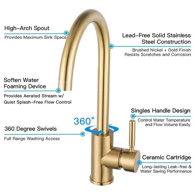 652F Gold Kitchen Single Hole Cold Hot Faucet Mixer Sink Tap Water Faucet 360 Degree