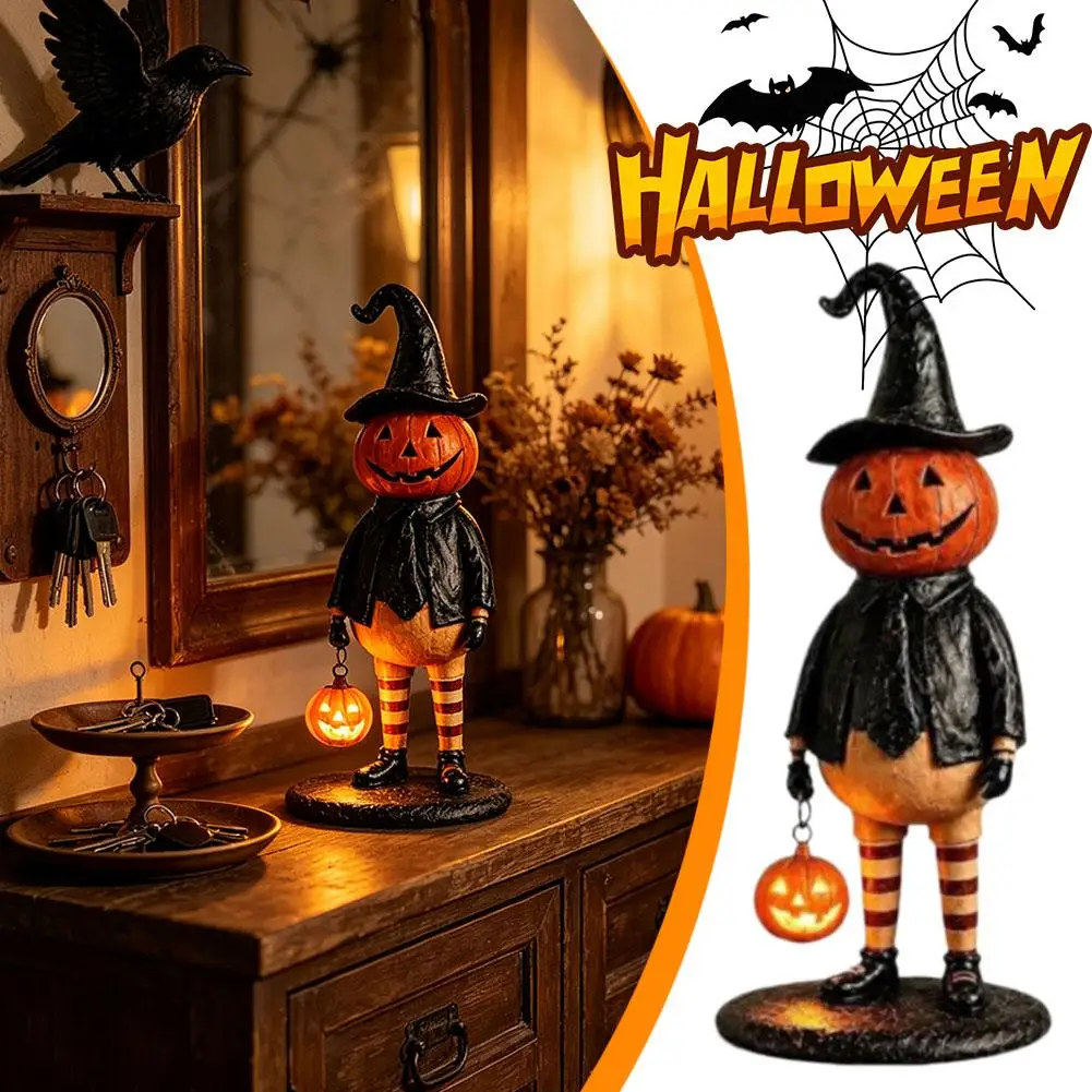 Halloween Pumpkin Lantern Vintage Witch Gentleman Tabletop Decor with Lighted Handheld Pumpkin Lantern Crafts Creative Pumpkins