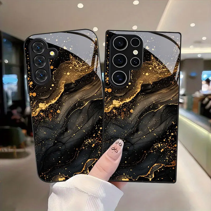 Golden flowing line pattern black TPU glass phone case, suitable for Samsung S26/S25, S24/S23/S22/S21/S20, etc. models