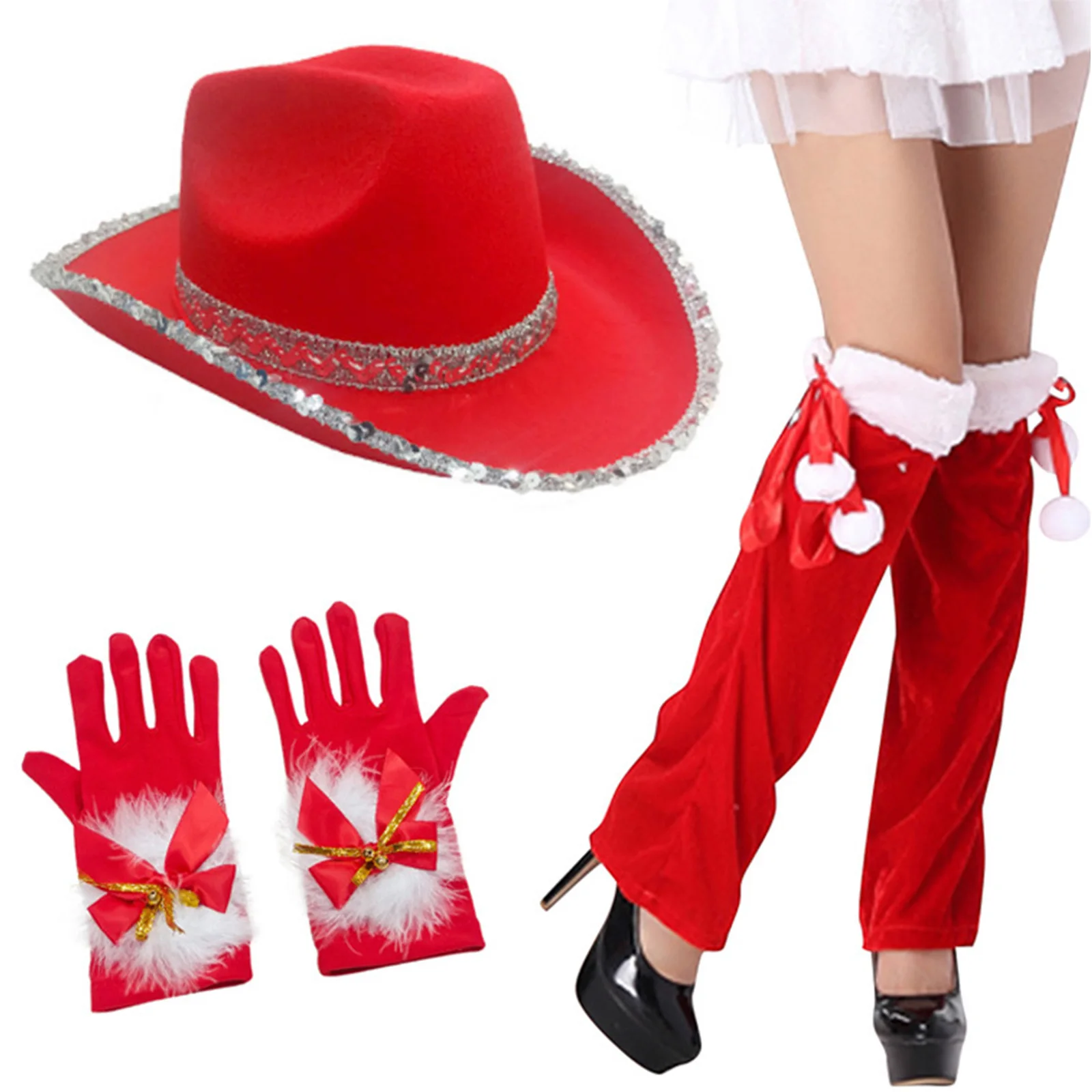 Forniture per feste di Natale da donna Set di accessori da 3 pezzi Include cappello, guanti, coprigambe o calzini per vestire Natale