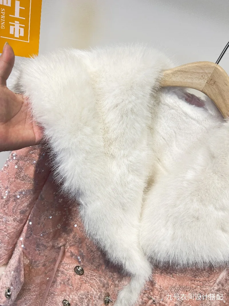 Elegant Chic Luxury Heavy Embroidery Sequin Eco-Friendly European Mink Furry Coat New Winter Double-breasted Faux Fur Jacket