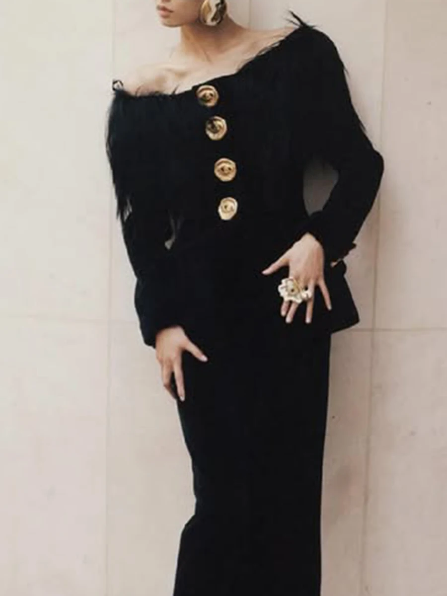 TWOTWINSTYLE Solid Slimming Spliced Metal Buttons Jackets for Women Slash Neck Long Sleeves Patchwork Fur Jacket Female Fashion