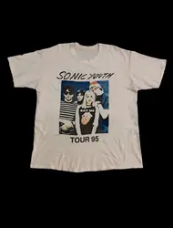 Rare! Vintage 90S Sonic Youth Band Tour 1995 T-Shirt Unisex White Front Side.