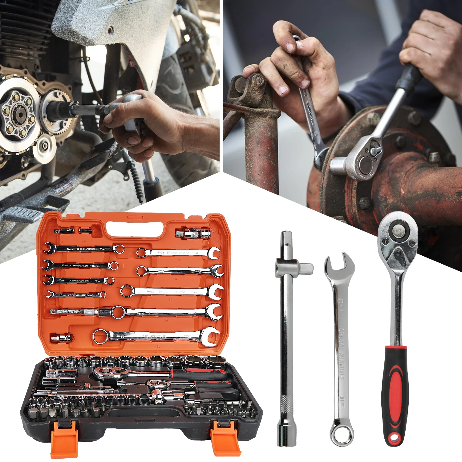 Set di bussole di azionamento da 82 pezzi Set di strumenti meccanici con chiave a cricchetto a sgancio rapido, chiavi, set di punte, chiave esagonale per riparazione auto