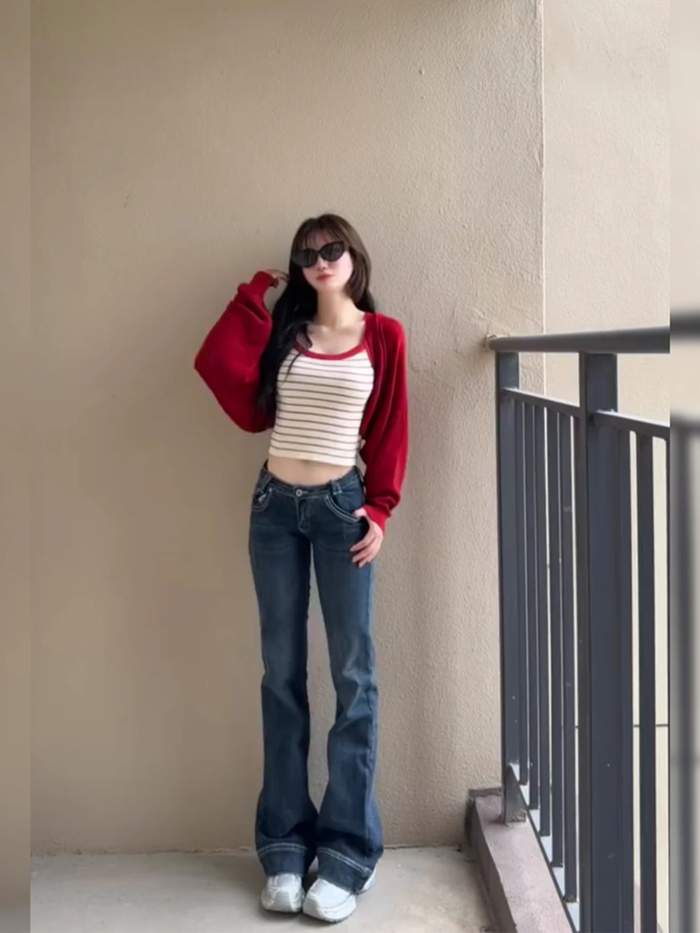 

Red Long Sve Open Cardigan Striped Tank Top Two Piece Set Women's Early Spring New Korean Sle Small Size Layering Set