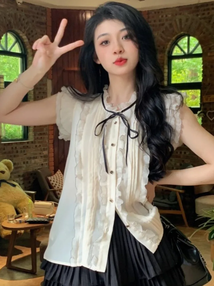 

French Chic Sweet Top For Woman Summer Elegant Ruffles Lace-up Bow Slimming Sleeveless Single Breasted Tops 2025 Fashion Clothes