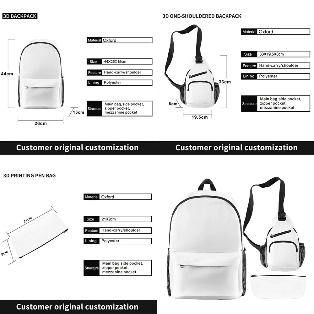 맞춤형 배낭 학교 어린이 배낭, 맞춤형 배낭, 성인 코스프레 지퍼 팩, 3 종 세트, 여행 배낭