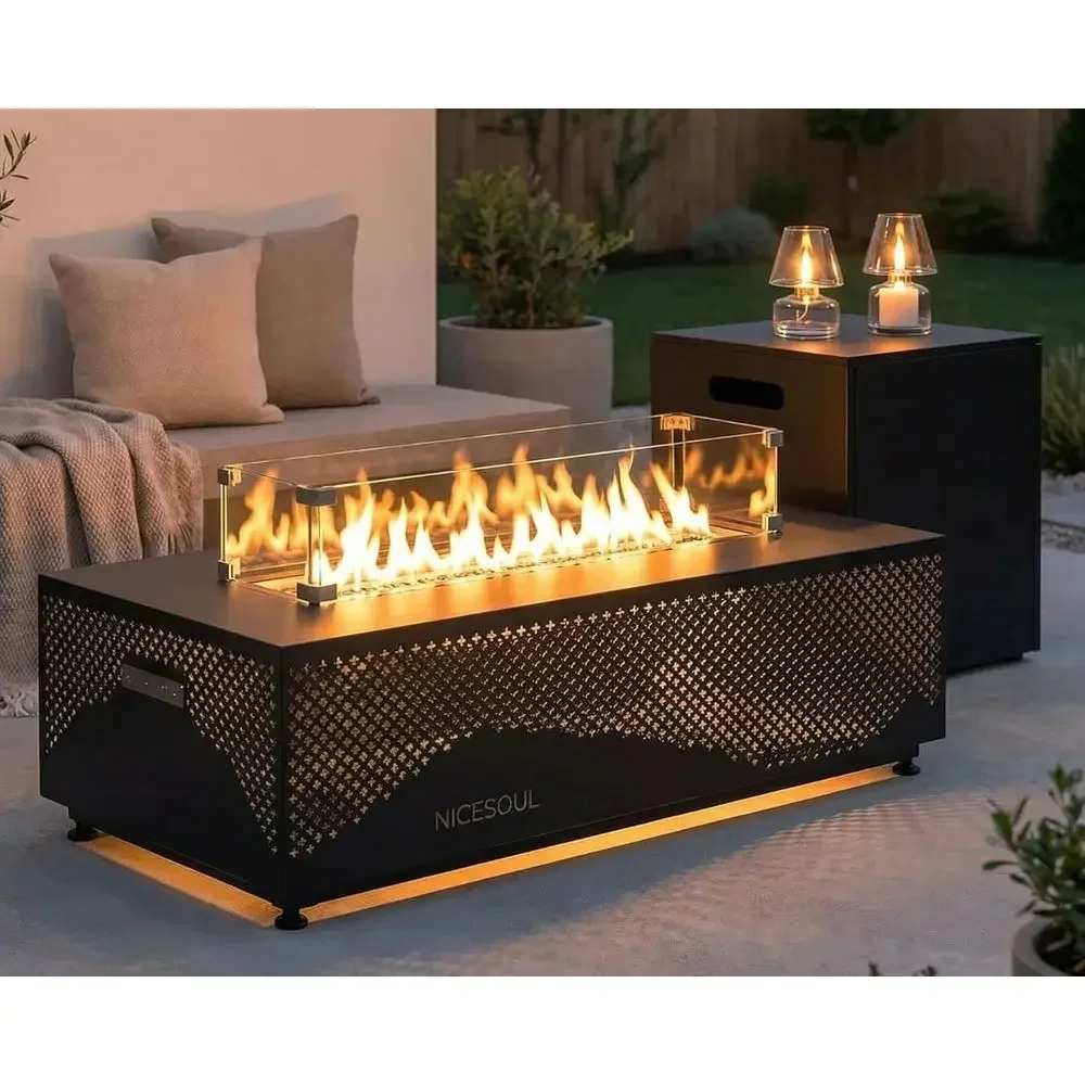 42-inch Outdoor Fire Pit Table with Hidden Tank, CSA Certified, 50,000 BTU Gas Fireplace, LED Star Light, Suitable for Backyard.