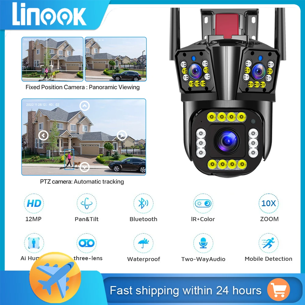 

Linook IPC360,Three lens,12MP,wireless WiFi camera,optical zoom,closed-circuit television camera,IP security protection camera