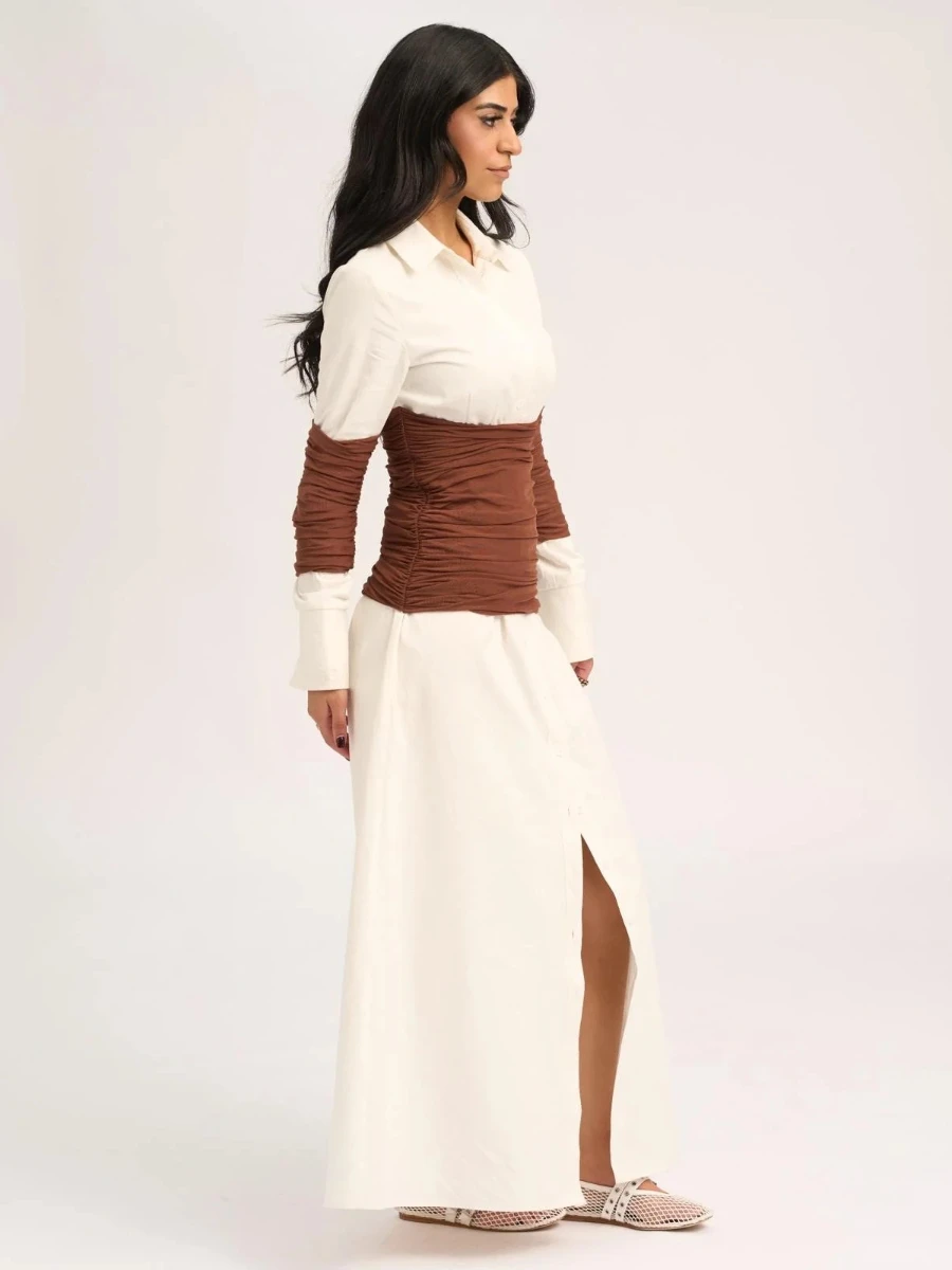 TWOTWINSTYLE Pendler Stil Split Maxi Kleid für Frauen Revers Langarm Patchwork Bandage Abnehmen Hemd Kleider Weibliche Mode