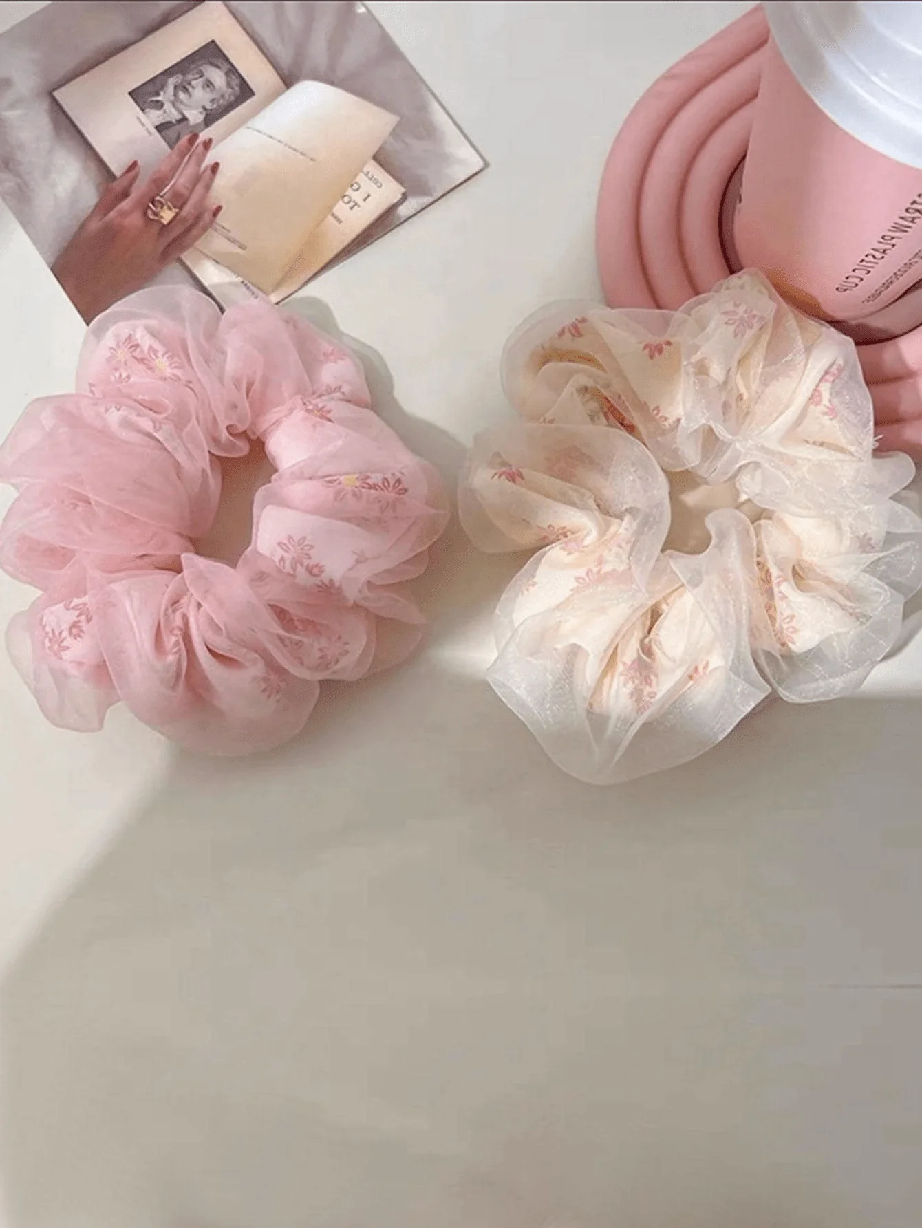 Summer Double Layer Silk Hair Scrunchies Girls Flower Print Sweet Ponytail Holder Elastic Hair Rope Korean Hair Accessories