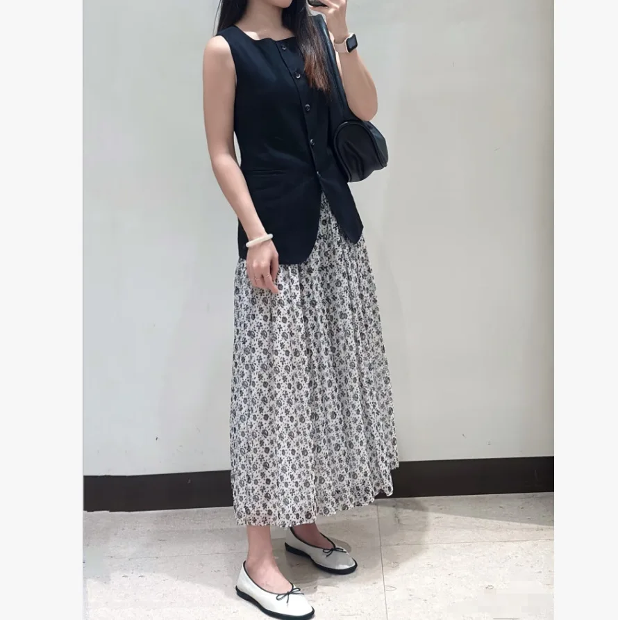Withered 2026 Summer New Silk Printed Plain Weave Cloth Floral A-line Skirt Skirt Woman Clothing Faldas Skirts