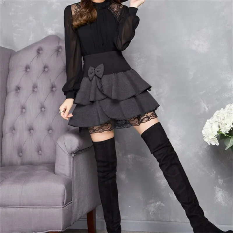 2026 Spring High Waist Women Woolen Mini Skirts Black Gary Women's Casual Bow Lace Spliced Skirt For Autumn Winter Sweet Style