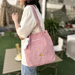 Bolsa de ombro bordada urso dos desenhos animados para mulheres Bolsa de veludo dobrável sacolas de grande capacidade sacolas de compras eco friendly