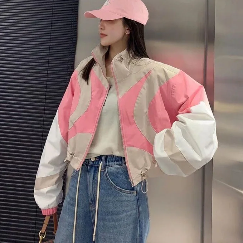 

Trendy Color Contrast Design Harajuku High-Necked Plush Jacket Waist Loose Loose Workwear Jacket Cropped Jacket Pink Coat 2023