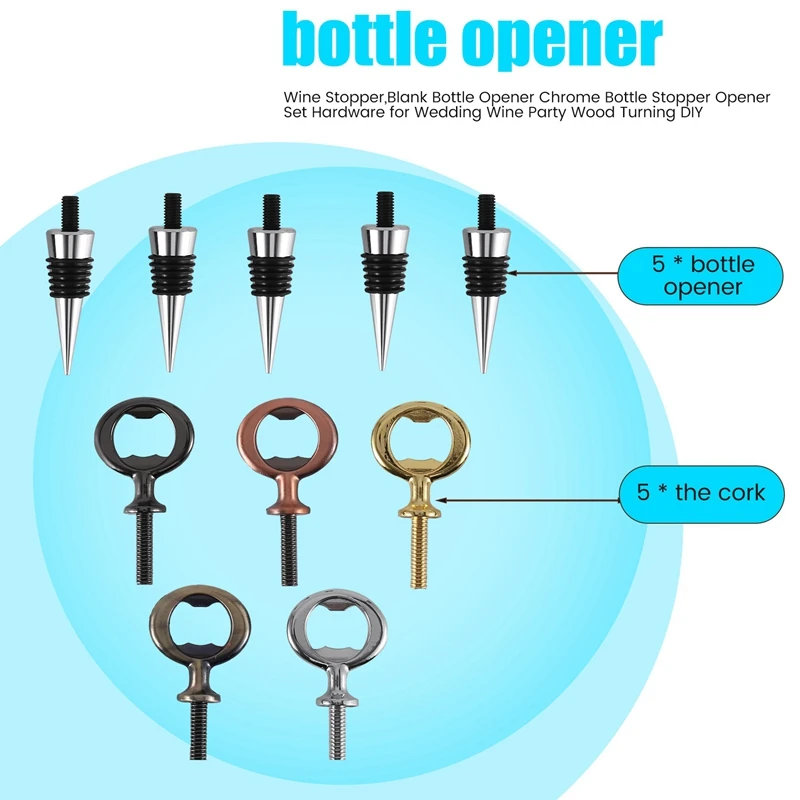 Nuevo tapón de vino, abridor de botellas en blanco, juego de abridor de tapón de botella cromado, Hardware para boda, fiesta de vino, torneado de madera DIY