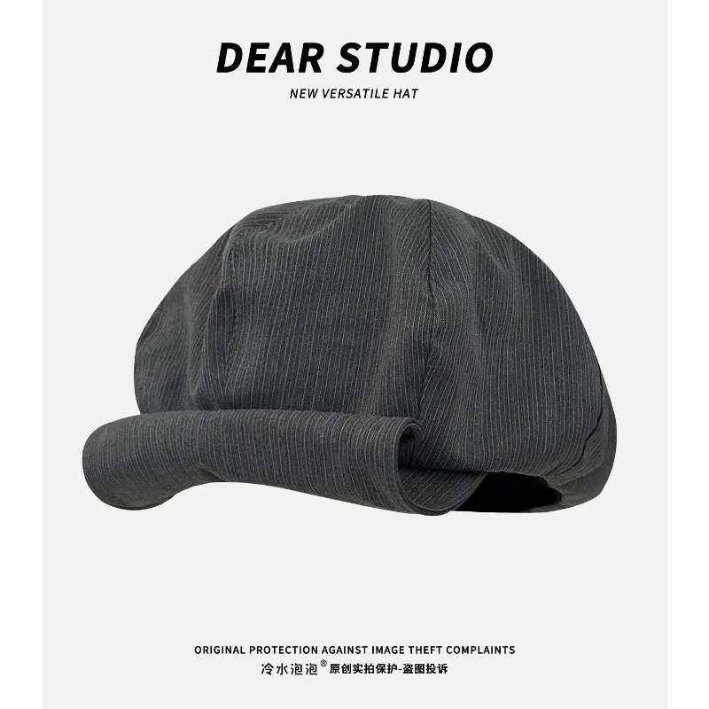 

Japanese Retro Striped Flipped Brim Berets Women's Autumn Big Head Temperament Fashion British Soft Brim Octagonal Painter Hat