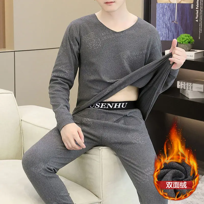 신상 브이넥 남성용 양면 독일산 플리스 벨벳 보온 내의 가을 겨울용 풀오버 세트