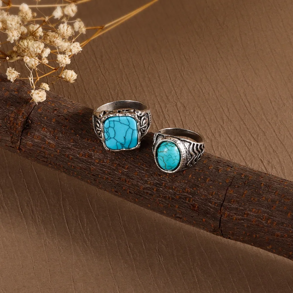 Trendy Antique Western Country Ring Alloy Jewelry Turquoise Ring Oval Fashion Vintage Ring Girls