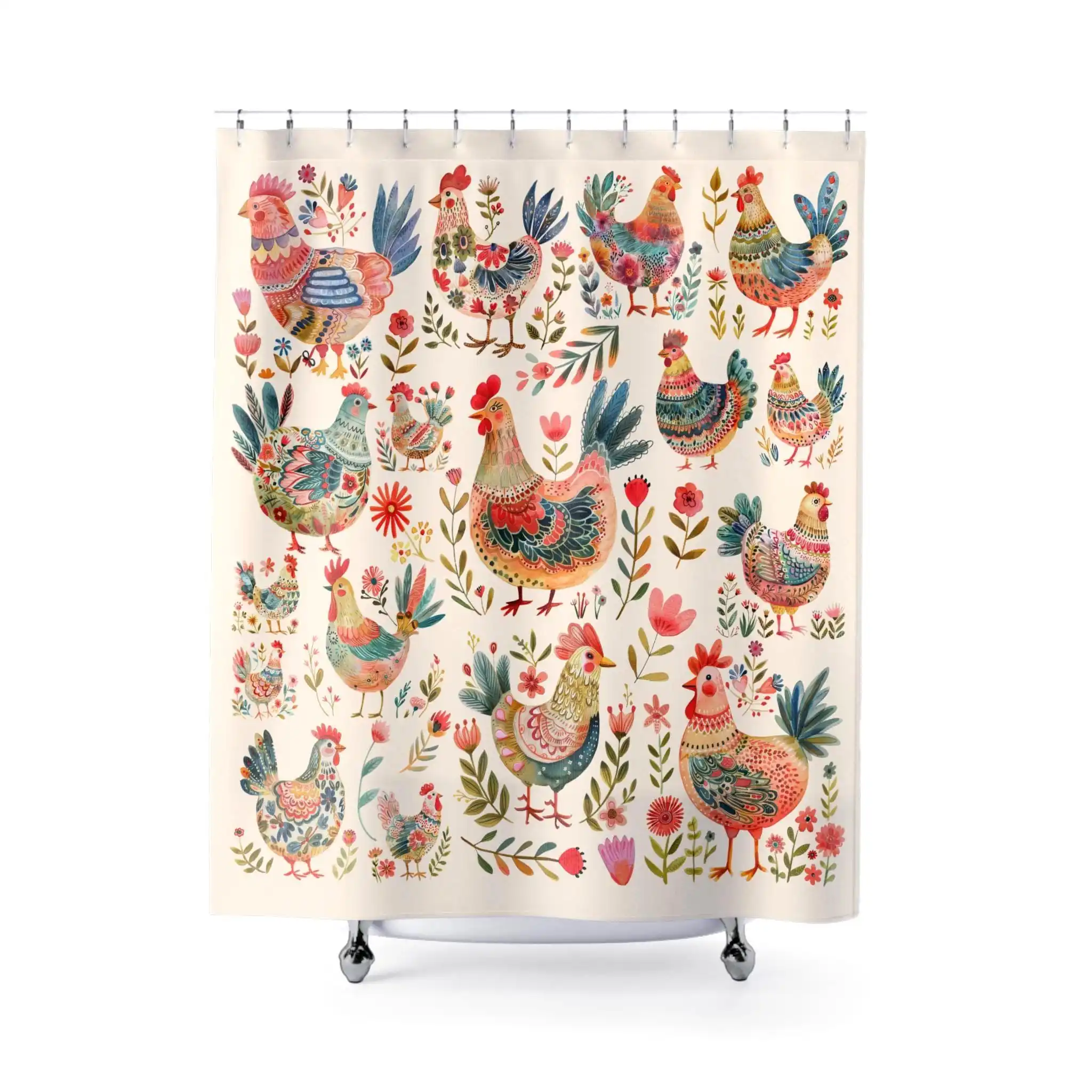 Vibrant Chicken Pattern Shower Curtain Bathroom Decor Farmhouse Style Cute Poultry Shower Curtain Liner