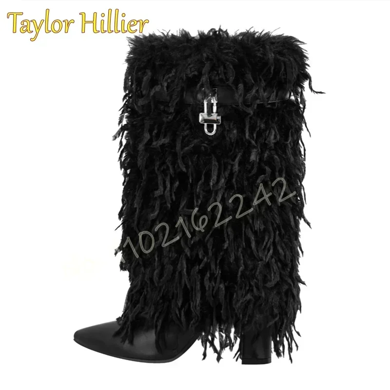 

Женские сапоги до середины икры с острым носком, женские сапоги до середины икры на массивном высоком каблуке с пушистым меховым каблуком, до середины икры, 46