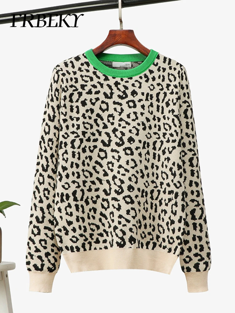 Sweater Woman Autumn Winter Leopard Print Long Sleeve Round Neck Knit Sweater Pullover Oversized Top Knitted Jumpers Knitwear