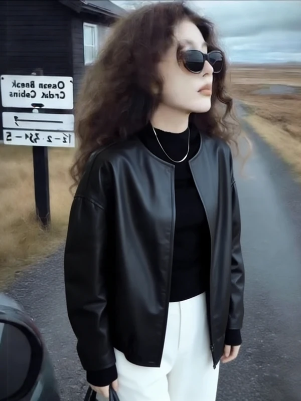 Giacca in Pelle Bla ort da Donna, Vestibilità Ampia, Taglie Forti, Primavera 2026, Cappotto Casual Snellente con Collo Tondo e Maniche Lunghe