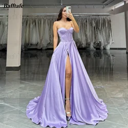 Simple A Line Satin Long Prom Gowns With Pockets Bones Sweetheart Slit Side Women Formal Party Dresses Evening Dress  Customized