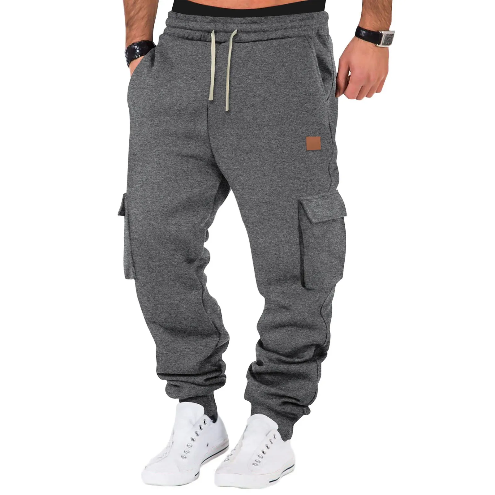 Autumn And Winter New Men Plus Thin Fleece Bunched Feet Tooling Casual Side Pocket Sports Fashion Straight Plus Size Pants