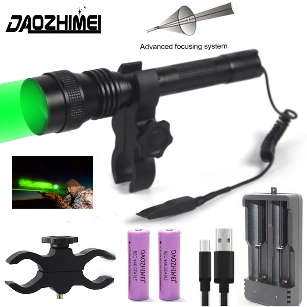 

Green Red White Light LED Tactical Flashlight 500 Yards 1- Modes Adjustable Focus Hunting Lantern 18650 Rechargable Flashlights