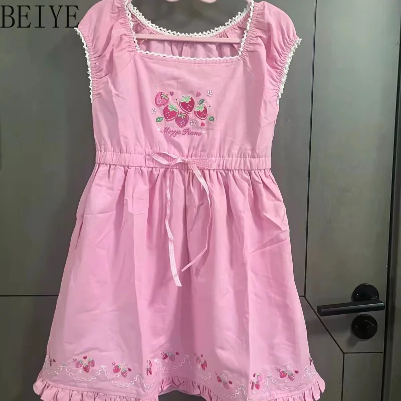 Kawaii Strawberry Embroidery Dress Women Ruffle Puff Sleeve Sweet Lolita Mini Dress Female Y2K Harajuku A‑Line Party Dresses