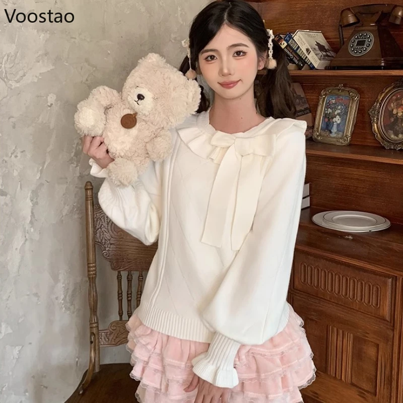 เสื้อไหมพรมสไตล์โลลิต้าหวานๆ แบบญี่ปุ่นสำหรับผู้หญิง แขนยาว แต่งระบายโบว์ คอโอ แขนยาว น่ารัก สไตล์ Y2k เสื้อถักสำหรับฤดูใบไม้ร่วงและฤดูหนาว