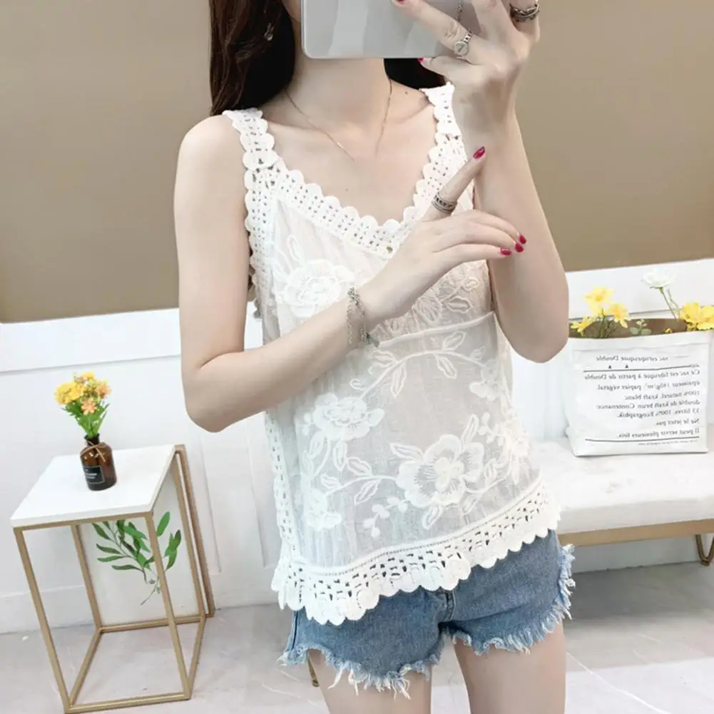 Women Summer Tank Tops V-neck Sleeveless Solid Color Loose Fit Casual Blouse Embroidery Lace Pattern Sling Tops Camisole 여성티