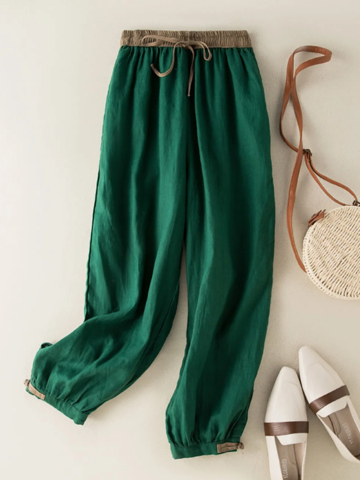 

Женские летние тонкие хлопково-льняные брюки-харланы с контрастными вставками и пуговицами, с высокой талией, повседневные