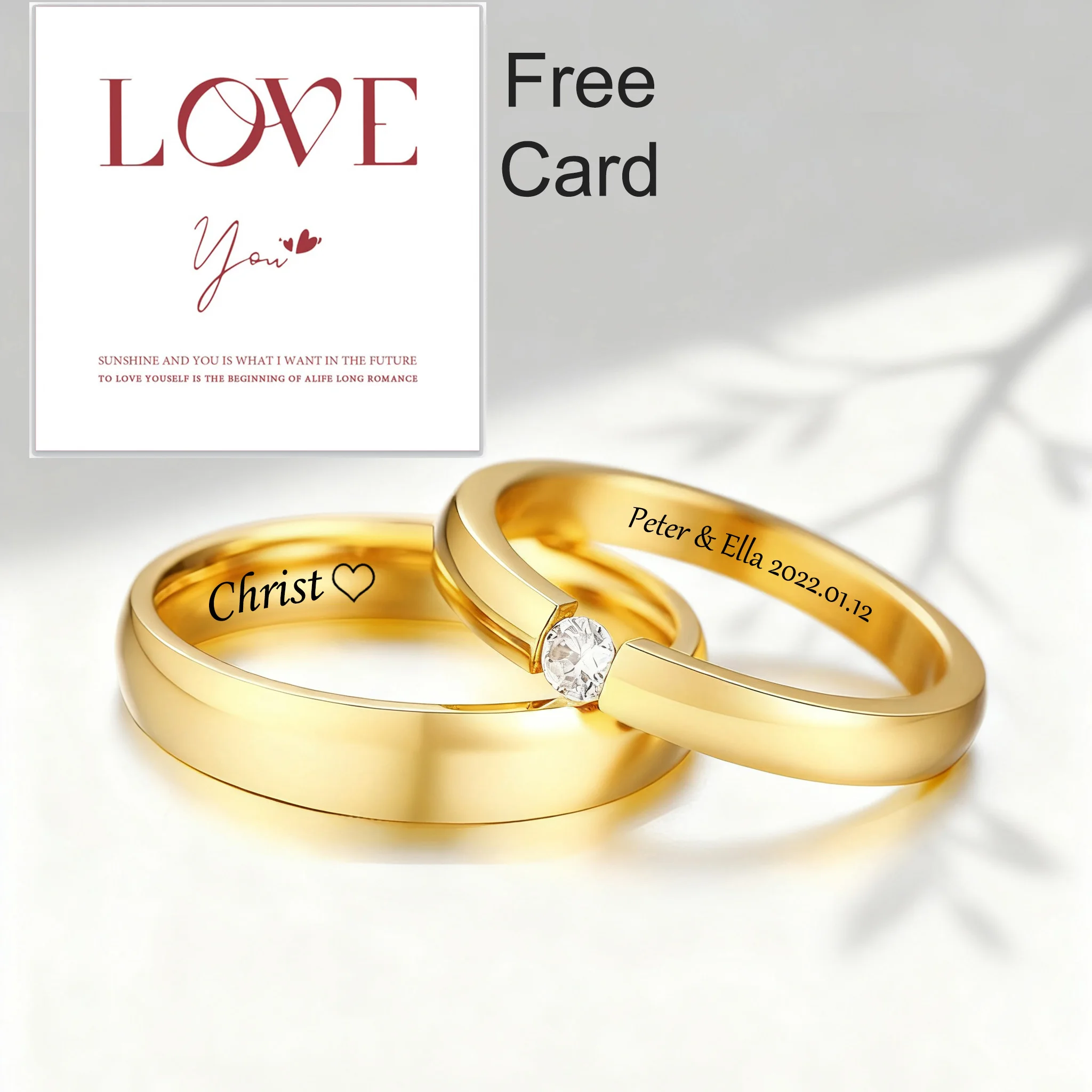 

Custom Couple Rings Gift with Card, Women Men PVD Gold Plated Name Love Wedding Bands, Personalized Valentine's Day Gift