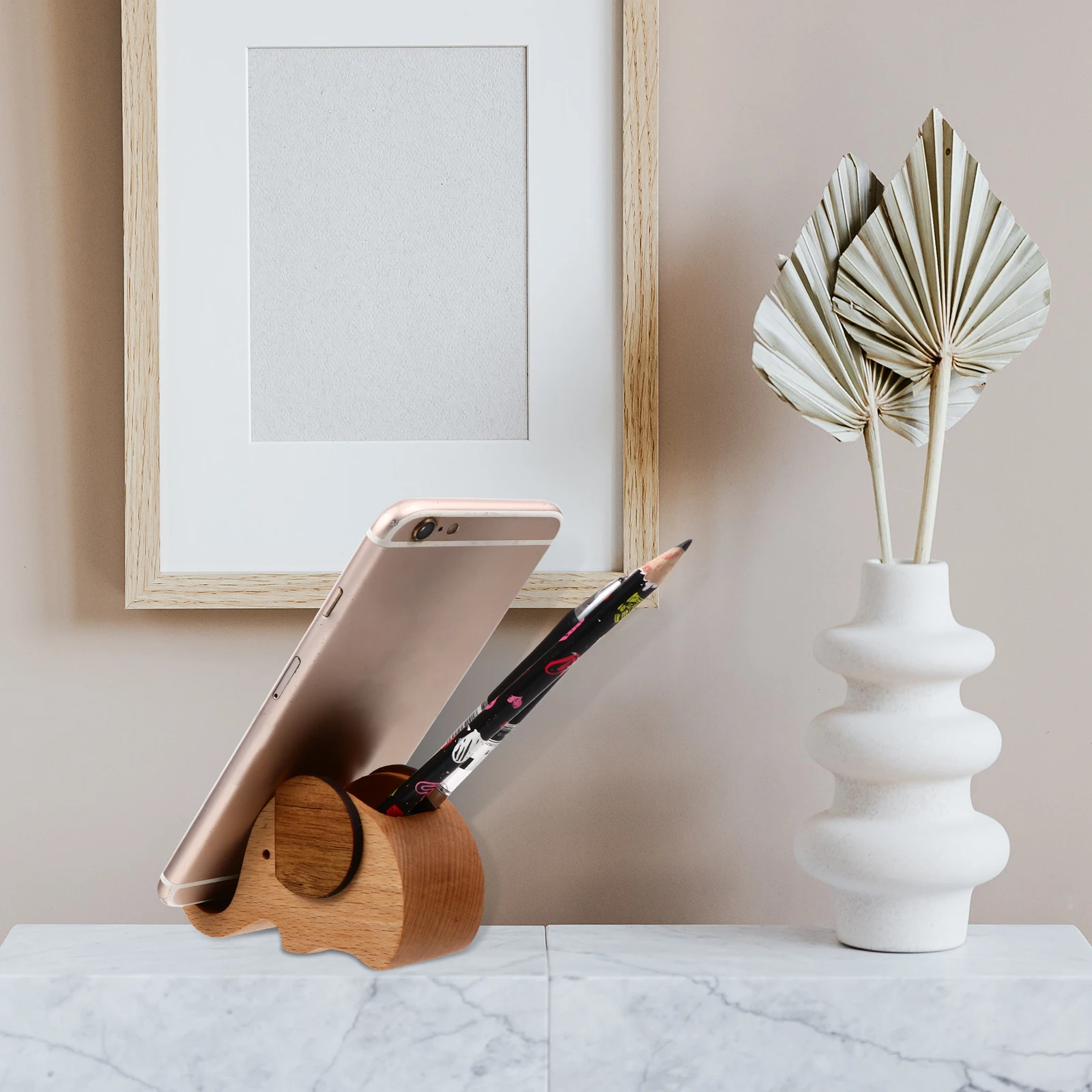 

Pen Holder Phone Stand for Desk Wood Cell Wooden Desktop Smartphone Bed Nightstand