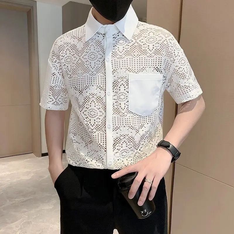 Men\'s Korean Fashion Sexy Hollow Luxury Business Casual Button Down Shirt Summer Black White Short Sleeve Slim Tops Ropa Hombre