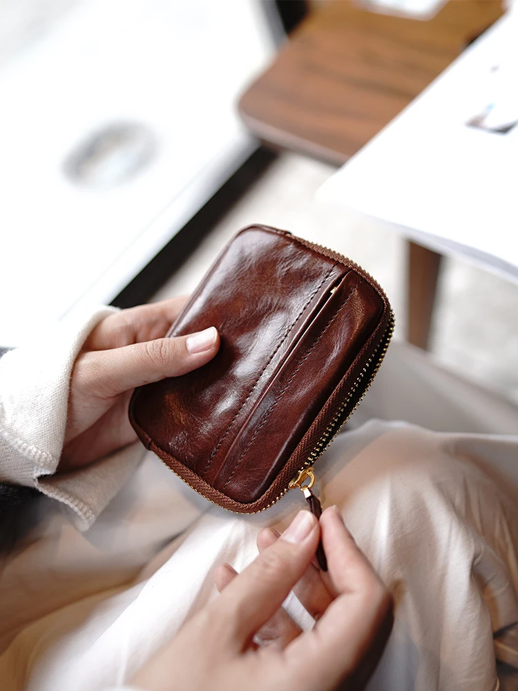 Custom Pleated Texture Vegetable Tanning Leather Classic Practical Card Headset Lipstick Change Purse