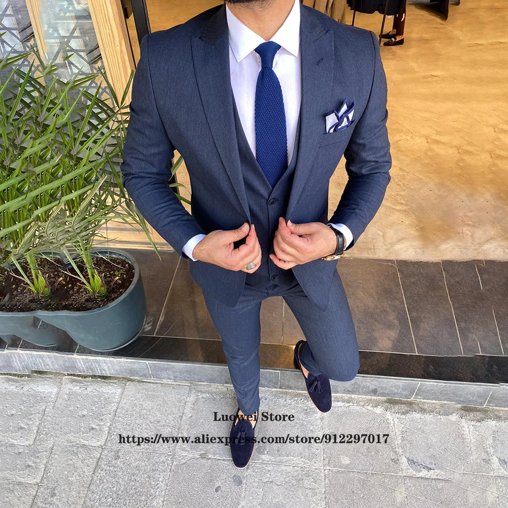 

Classic Navy Blue Suits For Men Slim Fit 3 Piece Jacket Vest Pants Set Formal Groom Wedding Tuxedo Male Office Business Blazer