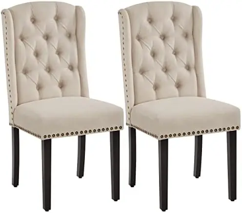 Upholstered Dining Chairs Set of 2 Button Tufted Chairs Beige | High Back Modern Dining Room Chairs with Nailhead Trim