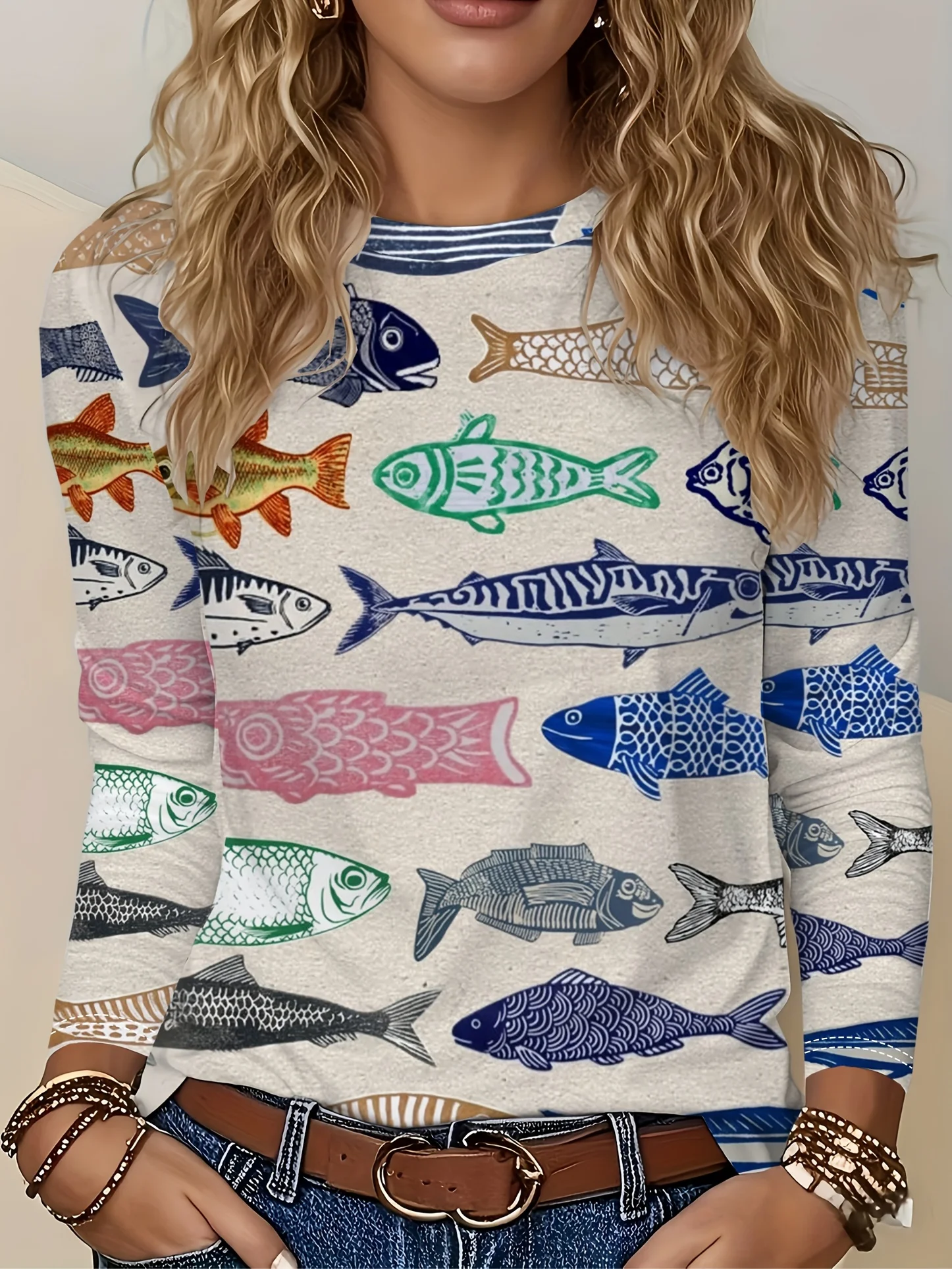 Women T‑Shirt Long Sleeve 3D Retro Colorful Fish Stamp Print Tee Casual Street Female Wear Daily O‑Neck Cute Top Women's Clothes