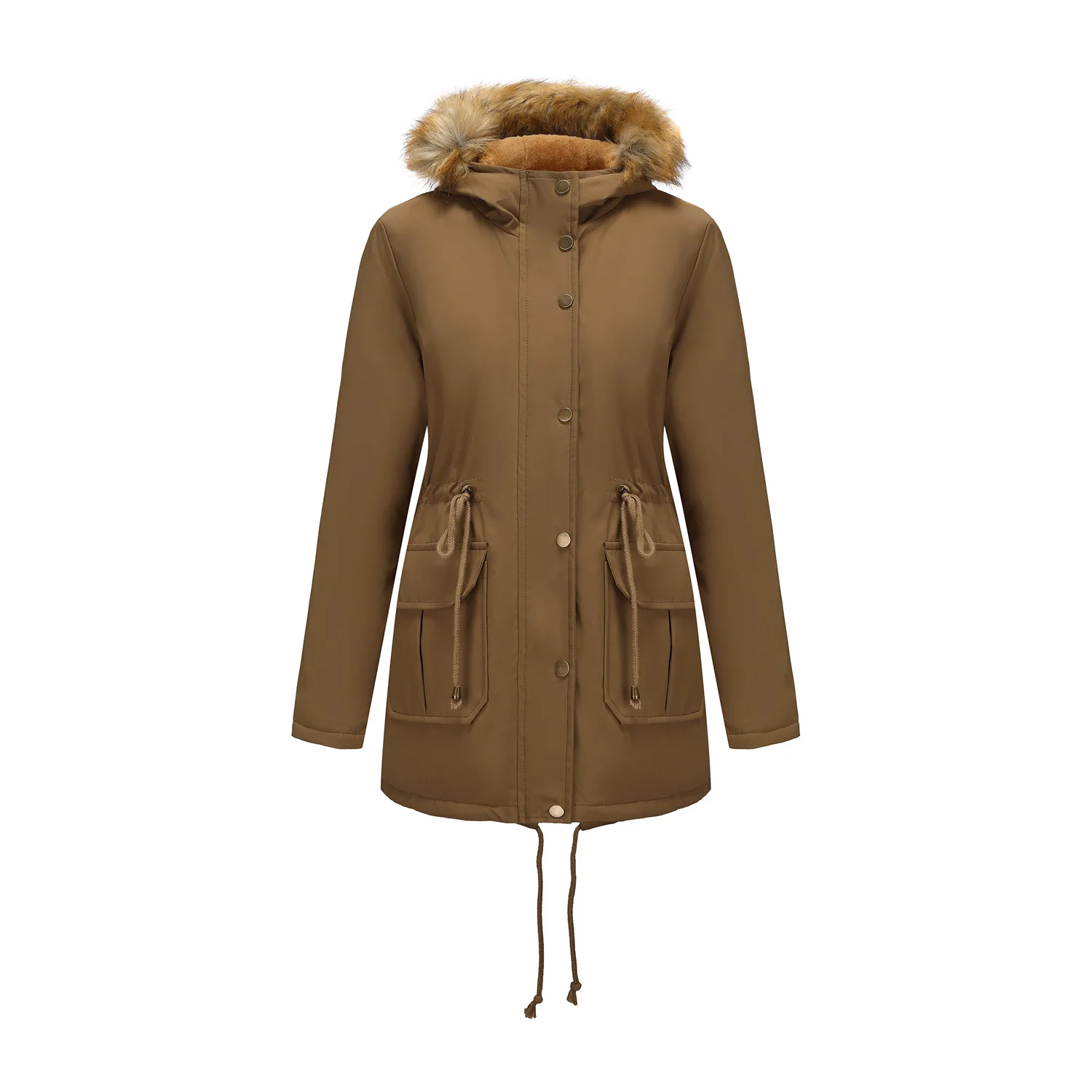 Women's Thickened Cotton-Padded European-Sized Coat Autumn Winter Fleece Lined with Cap Fur Collar Cinched Waist