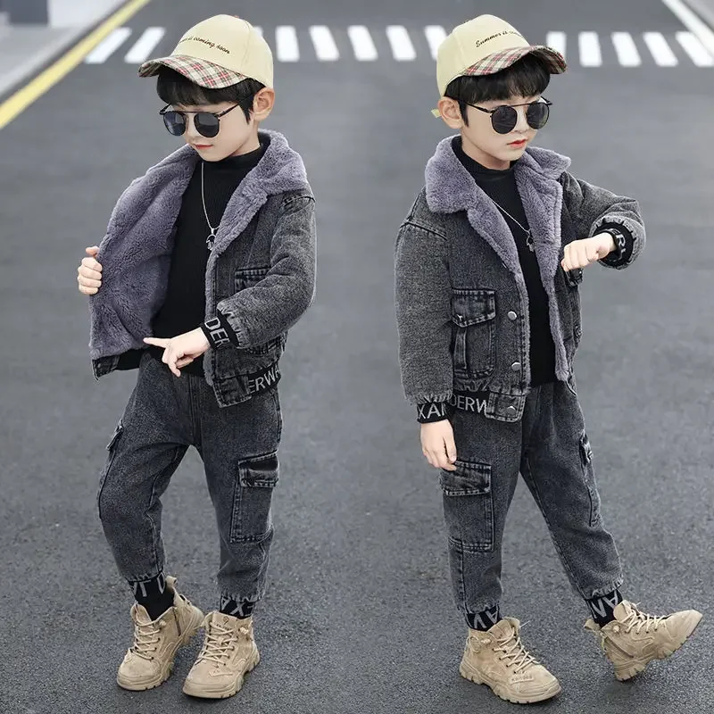 

Teens New Autumn Winter Two Piece Sets Denim Jacket Pants Suit for Boys Kids Fashion Plus Velvet Warm Coat Jeans Clothes 4-12Y