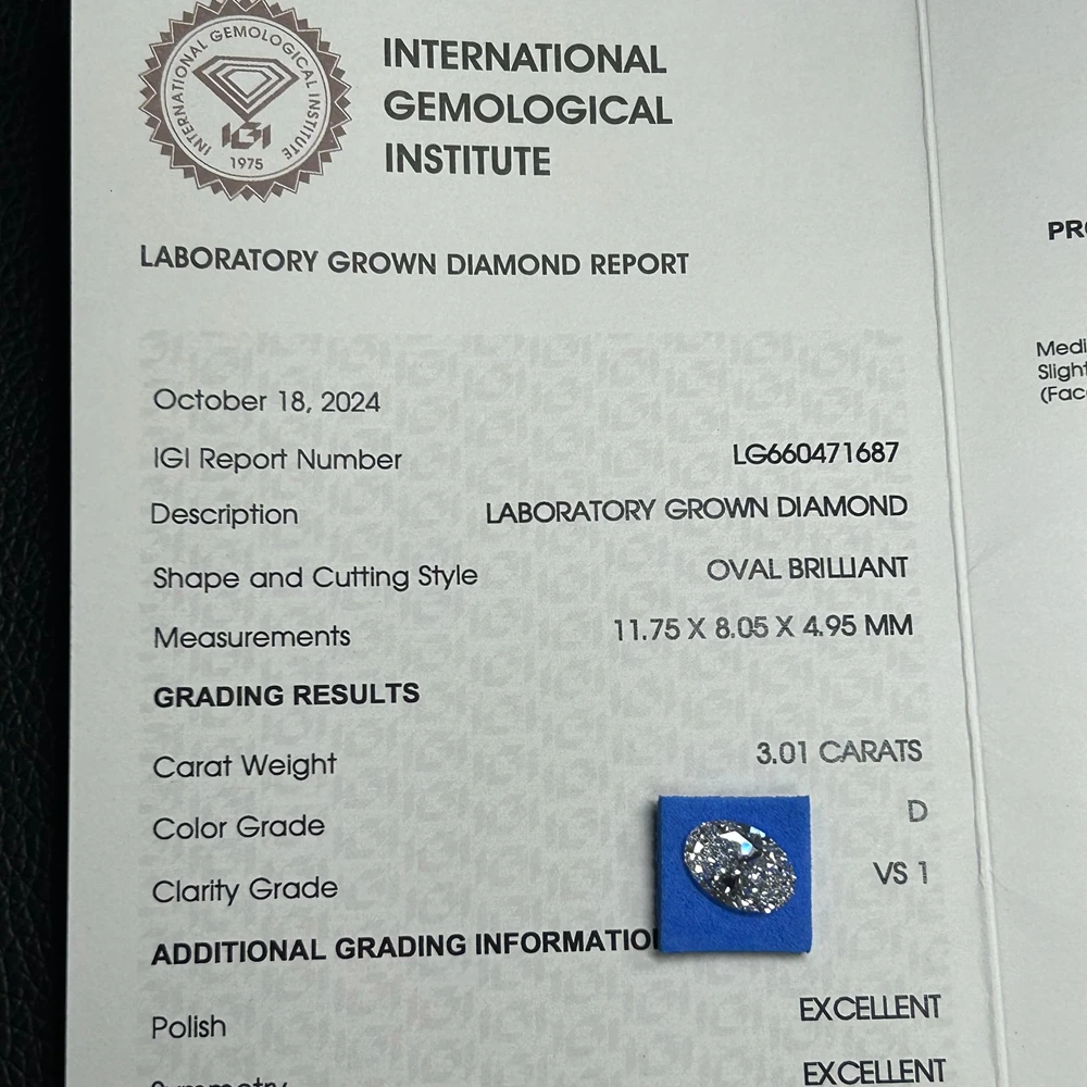 Mosangna Lab Grown Diamond Oval Cut 1.0-3.0 قيراط D VS1 Hpht IGI CVD حجر الماس