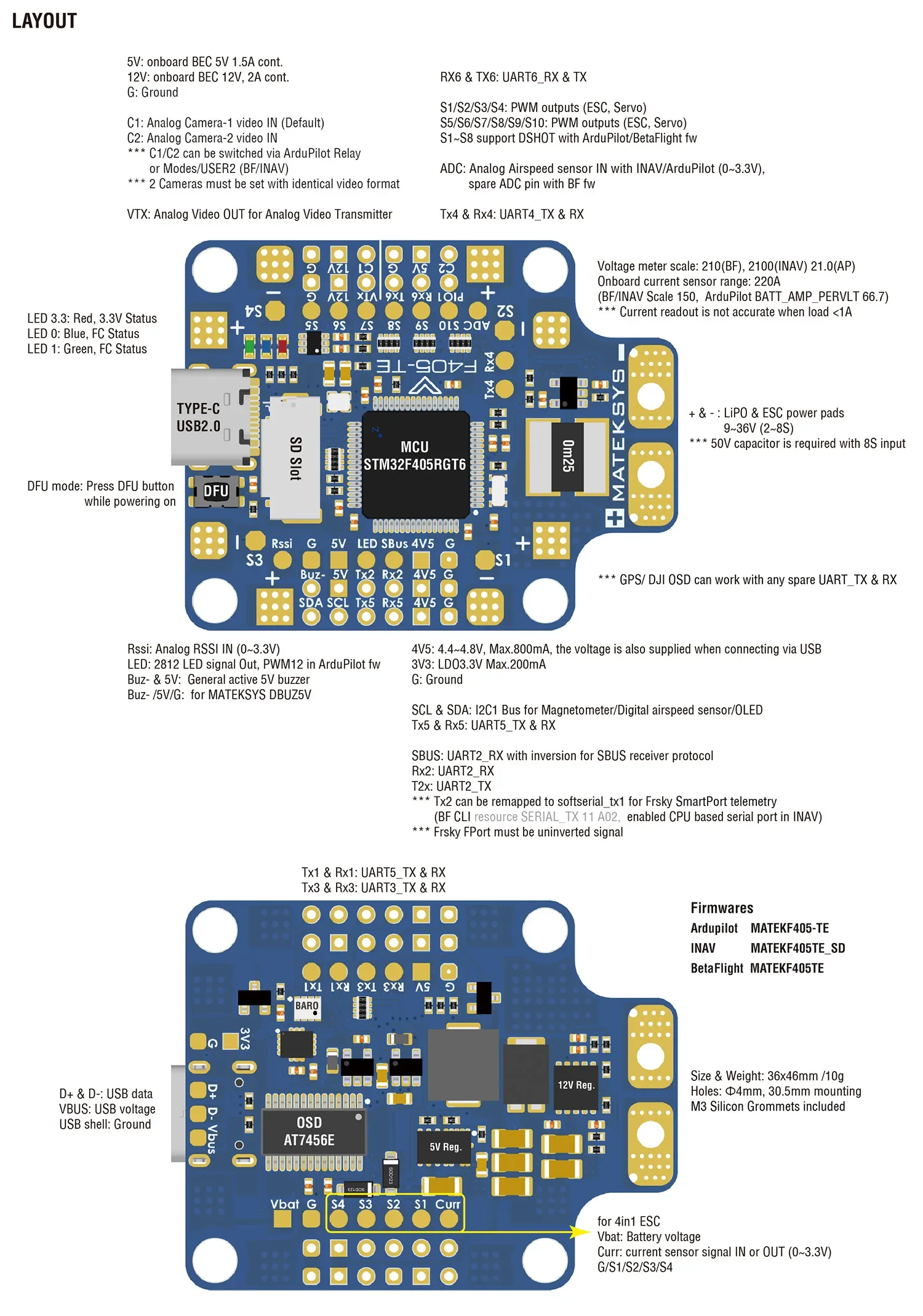 Matek MATEKSYS F405-TE Flight Controller Baro OSD MicroSD Blackbox Dual BEC 220A Current Senor 3-8S PDB 30X30mm for FPV Drones