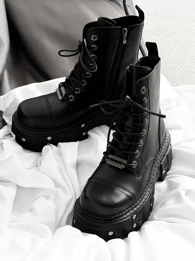 

2024 Women Punk Style Couple Platform High Top Dark Retro Heightening Medium Boots Men